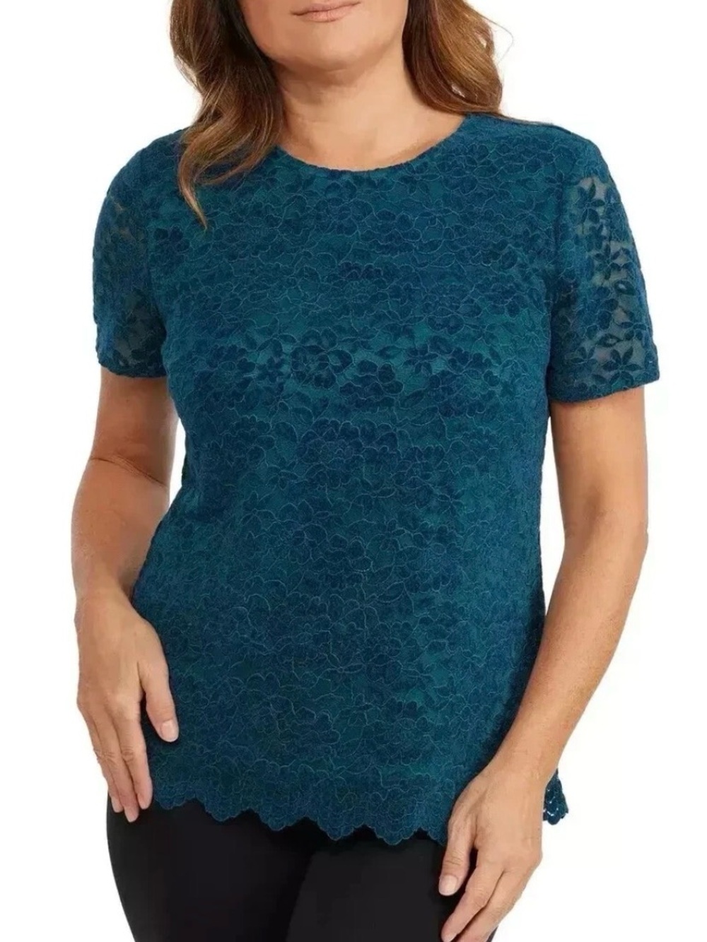 Lace Overlay Short Sleeve Blouse in Teal